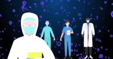 Animation of doctor in safety uniform over blue cells on navy background. Human biology, anatomy and body concept digitally generated video.