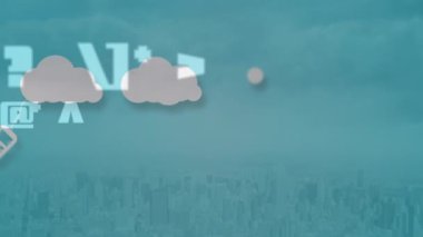 Animation of digital clouds, marks and tech icons over cityscape. Cloud computing, data processing, network and technology concept digitally generated video.