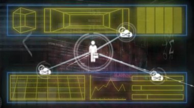 Siyah arkaplanda veri işleme üzerine simgelerle bağlantı ağının animasyonu. küresel bağlantılar, bilgisayar ve dijital arayüz konsepti dijital olarak oluşturulmuş video.
