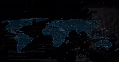 Dünya haritasının animasyonu ve siyah arkaplan üzerindeki simgeler. Maliye, ekonomi ve veri işleme kavramı dijital olarak oluşturulmuş video.