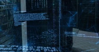 Sunucu odasındaki veri işleme ve şekillerin animasyonu. küresel iş ve dijital arayüz kavramı dijital olarak oluşturulmuş video