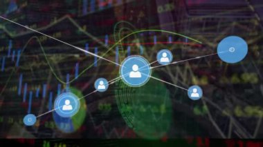 Animation of network of connections with icons over data processing and padlock on black background. Global connections, computing and digital interface concept digitally generated video.