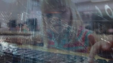 Animation of screen with world map and data over caucasian girl using computer at school. School, education, learning and technology concept digitally generated video.