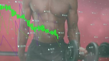 Afrika kökenli Amerikalı bir adamın ağırlık egzersizlerinin orta bölümündeki grafiklerin animasyonu. Spor, spor ve teknoloji konsepti dijital olarak oluşturulmuş video.