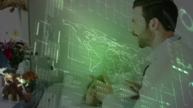 Animation of data processing and world map over diverse male doctors and female patient. Health, medicine and technology concept digitally generated video.