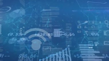 Animation of data, graphs, fingerprint and digital padlocks on blue background. Data safeaty, network, computers, connections and technology concept digitally generated video.