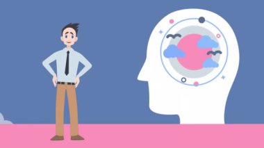 Kafkas iş adamının insan kafası üzerinde sunum yapması. İletişim ve iş konsepti dijital olarak oluşturulmuş video.