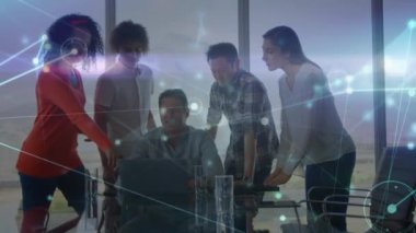 Animation of network of connections over diverse female and male coworkers in office. Business, connections, cooperation and technology concept digitally generated video.