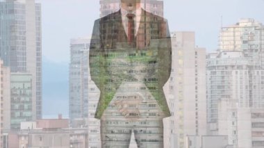 Beyaz iş adamının şehir manzarası üzerindeki animasyonu. Küresel iş, finans ve dijital arayüz kavramı dijital olarak oluşturulmuş video.