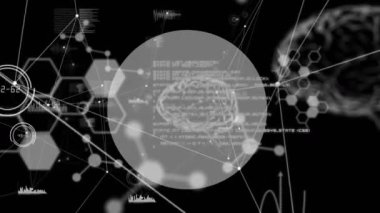 Bilimsel veri işlemenin animasyonu ve siyah arkaplan üzerinden bağlantı ağı. Bilim haftası, veri işleme konsepti dijital olarak oluşturulmuş video.