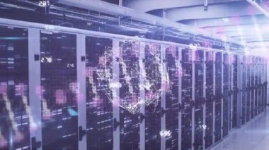 Veri işleme ve sunucu odasının üzerinde DNA ipliği olan dünyanın animasyonu. Küresel teknoloji, bilgisayar ve dijital arayüz kavramı dijital olarak oluşturulmuş video.