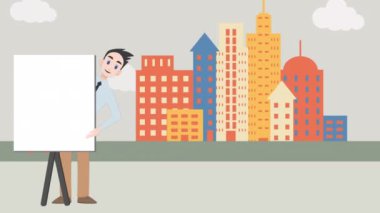 Animation of caucasian businessman making presentation over human head. Communication and business concept digitally generated video.