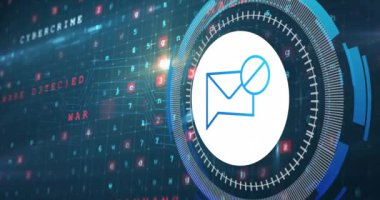 Animation of data processing with envelope icon over blue background. Global technology and digital interface concept digitally generated video