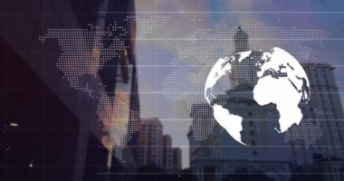 Dünyanın animasyonu, dünya haritası ve şehir manzarası üzerindeki finansal veriler. Küresel iş, finans, ekonomi, ağ ve teknoloji konsepti dijital olarak oluşturulmuş video.