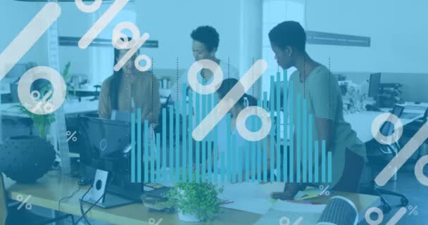 Animation Percents Graphs Diverse Female Coworkers Office Finance Economy Communication — Vídeo de Stock
