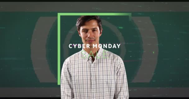 Animation Cyber Monday Text Data Processing Caucasian Man Smiling Global — Wideo stockowe