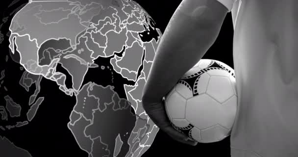 Animation Spinning Globe Football Player Ball World Cup Soccer Concept — Stockvideo