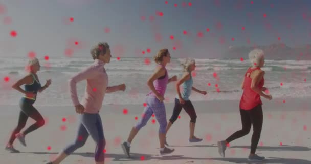 Animation Spinning Dna Strand Caucasian Senior Group Woman Running Beach — Stock Video