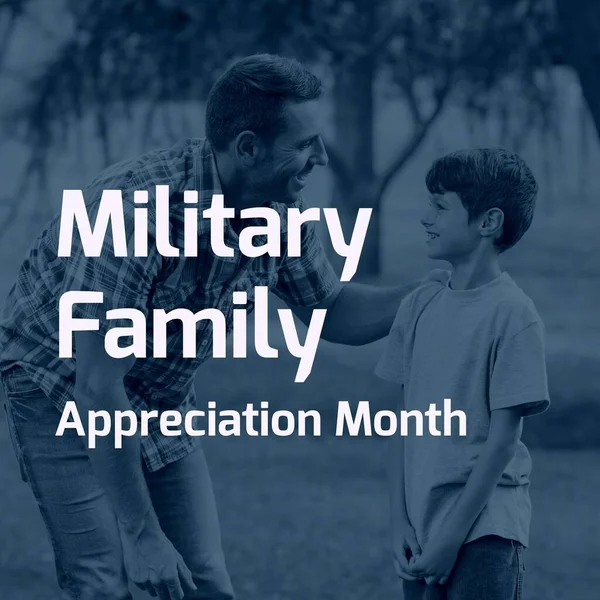 Image of military family appreciation month over happy caucasian father and son in black and white. Military, army, family and american patriotism concept.