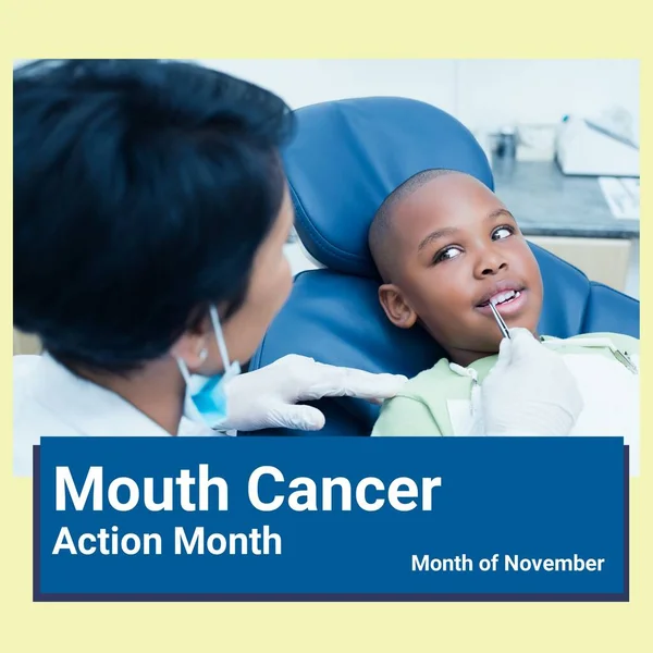 Image of mouth cancer awareness action month over african american female dentist and boy. Health, medicine, dentist and cancer awareness concept.