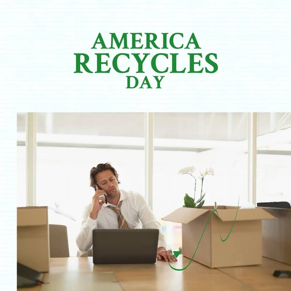 Composition of america recycles day text over caucasian businessman with boxes at home. America recycles day and celebration concept digitally generated image.