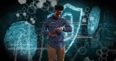 Animation of digital city and data processing over african american man using smartwatch. Global technology, computing and digital interface concept digitally generated video.