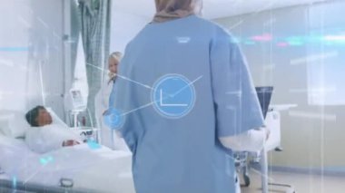 Animation of connections over lights and diverse female doctors. Health, medicine, connections and technology concept digitally generated video.