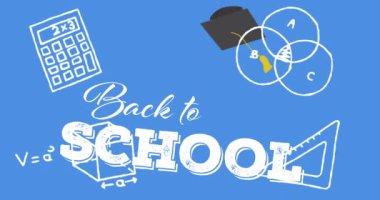 Mavi arka planda okul metninin ve düşen okul malzemelerinin canlandırması. Dijital olarak oluşturulan öğrenim ve eğitim konsepti.