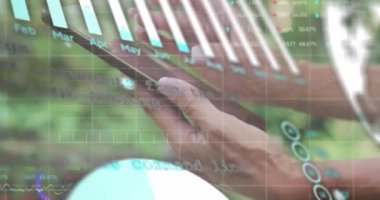 Animation of graphs and financial data over hands of caucasian woman using smartphone. Global business, finance, economy, network and technology concept digitally generated video.