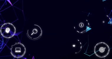 Düşen eğitim simgelerinin karanlık arka plandaki bağlantılar ağı üzerinden canlandırılması. Dijital olarak oluşturulan öğrenim ve eğitim konsepti.