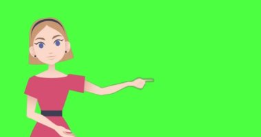Animation of illustration of caucasian woman talking and gesturing with copy space on green screen. Character and movement concept digitally generated video.