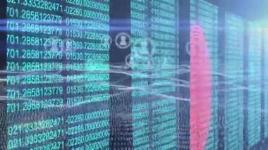 Veri işleme ve simgelerin siyah arkaplan üzerinde canlandırılması. küresel teknoloji, bilgisayar ve dijital arayüz kavramı dijital olarak oluşturulmuş video.