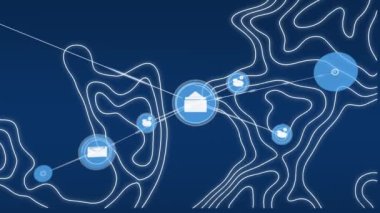 Parlak yeşil arkaplan üzerindeki simgelerle bağlantı ağının animasyonu. Dijital arayüz teknolojisi ve ağ konsepti dijital olarak oluşturuldu.