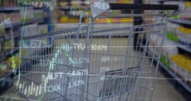 Animation of data processing over shopping cart. Global business, shopping and digital interface concept digitally generated video.