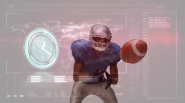Animation of data processing over american football player. Global sports, digital interface and data processing concept digitally generated video.