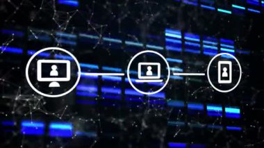 Teknoloji ikonları, ışıklar ve siyah arkaplan animasyonu. Küresel ağ, veri işleme ve teknoloji konsepti dijital olarak oluşturulmuş video.