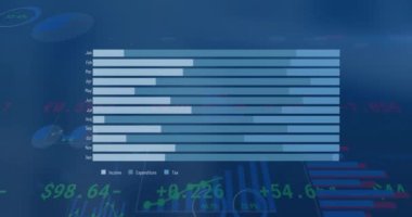 Animation of diverse graphs and financial data on blue background. Global finance, money and economy concept digitally generated video.