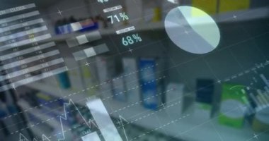 Animation of data processing over pharmacy with medication. Global medicine, vaccination, healthcare and data processing concept digitally generated video.