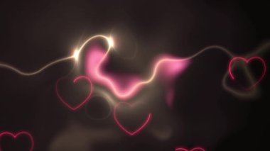 Siyah arka planda parlayan dalgaların ve parlayan kalp şekillerinin animasyonu. Sevgililer Günü kutlaması, dijital olarak üretilen aşk konsepti..