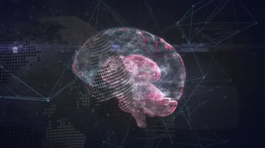 Beynin animasyonu, dünya ve siyah arka plandaki bağlantılar. Bilim, ağ, veri işleme, bağlantılar ve teknoloji konsepti dijital olarak oluşturulmuş video.