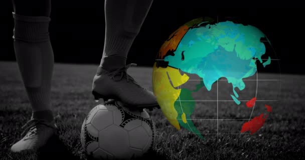 Animation Spinning Globe Football Player Ball World Cup Soccer Concept — Wideo stockowe