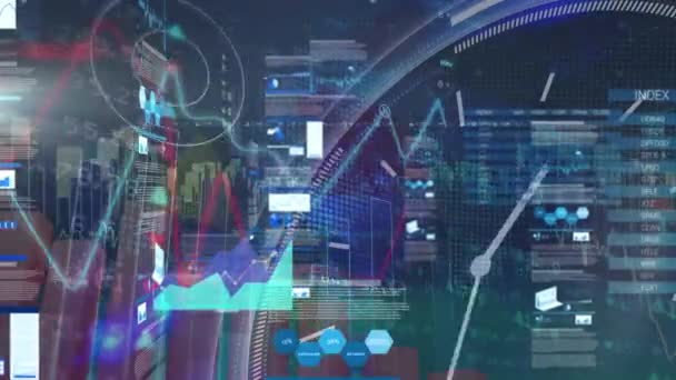 Animation Statistics Financial Data Processing Cityscape Global Business Connections Digital — Vídeo de Stock