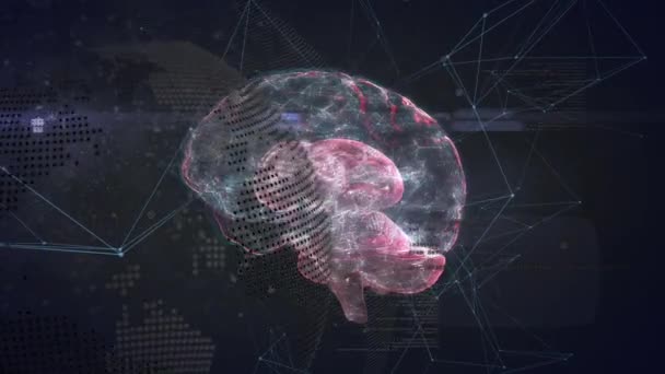 Animation Brain Globe Connections Black Background Science Network Data Processing — Wideo stockowe