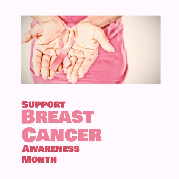 Zusammensetzung Der Unterstützung Brustkrebs Bewusstsein Monat Text Mit Kaukasischen Frau — Stockfoto