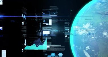 Siyah arkaplanda grafiklerin, verilerin ve kürenin animasyonu. Küresel ağ, veri, iletişim ve teknoloji konsepti dijital olarak oluşturulmuş video.