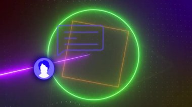 Hareket eden neon şekiller üzerinde medya simgelerinin canlandırılması. Sosyal medya ve dijital arayüz konsepti dijital olarak oluşturulmuş video.