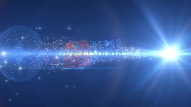 Animation of retro music with vinyl record player icon over shining stars against blue background. Nightlife and disco concept