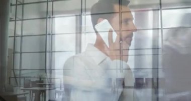 Animation of caucasian businessman using smartphone over time lapse with people in office. business and working with technology concept digitally generated video.