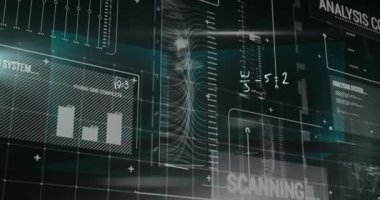 Siyah dijital ekranda grafik, veri ve matematik formüllerinin animasyonu. Dijital olarak oluşturulmuş küresel veri işleme, finans ve dijital arayüz kavramı.