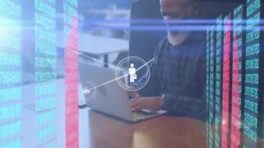 Animation of network of connections over senior african american man using laptop over servers. Network, connections, business and technology concept digitally generated video.